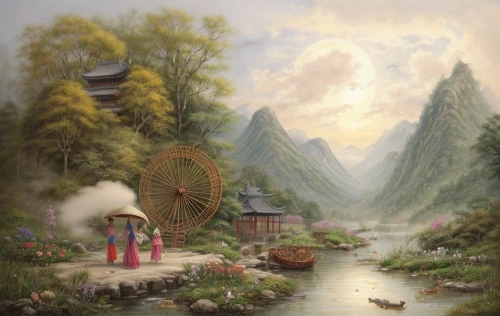 japan landscape,fantasy picture,chinese art,fantasy landscape,oriental painting,studio ghibli,fantasy world,fairy world,dream world,japanese art,korean folk village,fairy village,world digital painting,fantasy art,guizhou,mountain scene,landscape background,rural landscape,chinese temple,water wheel,Game Scene Design,Game Scene Design,Chinese Martial Arts Fantasy