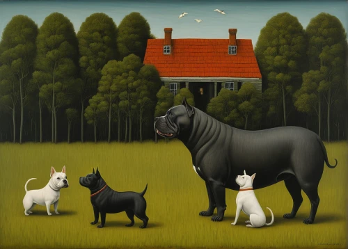 kennel club,scottish terrier,black horse,man and horses,grant wood,bull terrier (miniature),dog house,pony farm,stable animals,anthropomorphized animals,domestic animal,bull and terrier,whimsical animals,two-horses,livestock,farm animals,cow-goat family,black landscape,doghouse,frisian house,Art,Artistic Painting,Artistic Painting 02