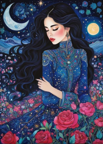 the sleeping rose,blue moon rose,sleeping rose,the moon and the stars,stars and moon,queen of the night,moonflower,sky rose,starry night,boho art,moonbeam,girl in flowers,moon night,persian poet,closed eyes,mystical portrait of a girl,scent of roses,moonlit night,dreaming,zodiac sign libra,Illustration,Abstract Fantasy,Abstract Fantasy 04