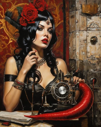 telephone operator,vintage telephone,telephone,seamstress,switchboard operator,girl with a wheel,telephony,watchmaker,the gramophone,pin ups,steampunk,clockmaker,fortune teller,valentine day's pin up,valentine pin up,meticulous painting,telephone accessory,vintage woman,sewing machine,fantasy art,Illustration,Realistic Fantasy,Realistic Fantasy 10