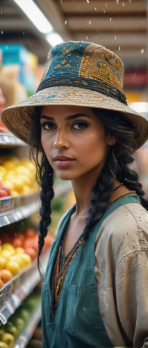 woman shopping,shopkeeper,merchant,girl with bread-and-butter,grocer,girl wearing hat,grocery store,grocery,shopping icon,straw hat,cashier,woman of straw,shopper,woman holding pie,supermarket,digital compositing,vendor,groceries,grocery shopping,frozen food,Photography,General,Fantasy