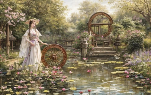 harp with flowers,girl in the garden,secret garden of venus,lilly pond,girl picking flowers,english garden,lily pond,idyll,woman at the well,garden pond,wishing well,flower garden,cottage garden,pond flower,girl with a wheel,fantasy picture,girl in flowers,mirror in the meadow,way of the roses,in the garden,Game Scene Design,Game Scene Design,Japanese Magic
