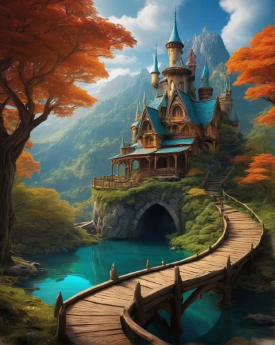 fantasy landscape,fantasy picture,fairy tale castle,fairytale castle,fantasy world,fantasy art,3d fantasy,landscape background,witch's house,autumn landscape,home landscape,house in the forest,fairy tale,fall landscape,cartoon video game background,fantasy city,house with lake,world digital painting,autumn background,fairytale,Illustration,American Style,American Style 12