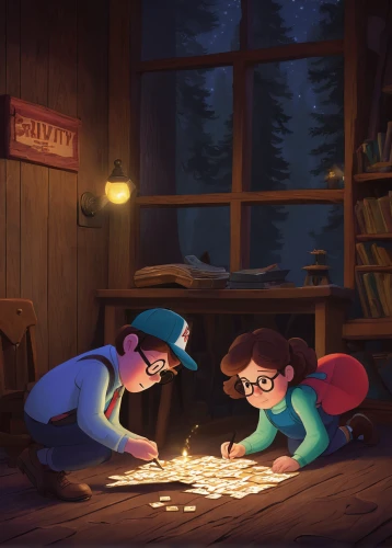 campfire,campfires,dipper,game illustration,fireside,camp fire,log fire,wood fire,warm and cozy,fireflies,warmth,romantic night,night scene,children studying,pines,winter chickens,examining,scene lighting,investigation,kids illustration,Art,Artistic Painting,Artistic Painting 48