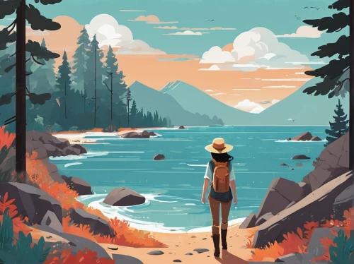 travel poster,wander,hiker,nationalpark,sugar pine,british columbia,tahoe,wilderness,redwoods,lake tahoe,whistler,hikers,digital nomads,fall landscape,landscape background,lakeside,pines,summer day,digital illustration,redwood,Illustration,Japanese style,Japanese Style 06