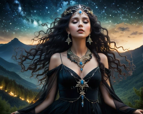 queen of the night,sorceress,the enchantress,priestess,fantasy picture,fantasy woman,fantasy art,celtic queen,fantasy portrait,fairy queen,mystical portrait of a girl,lady of the night,faery,celtic woman,gothic woman,black pearl,faerie,elven,miss circassian,callisto,Conceptual Art,Fantasy,Fantasy 11