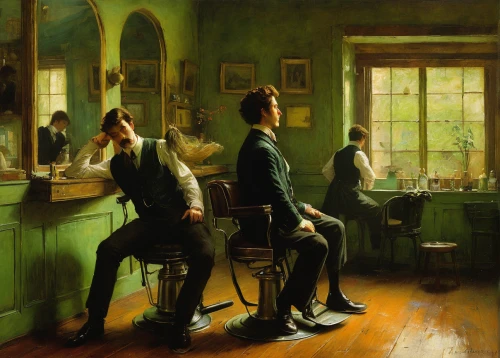 men sitting,barbershop,barber shop,the long-hair cutter,barber,hairdresser,children studying,asher durand,the listening,waiting room,salon,shoemaker,lev lagorio,robert harbeck,musicians,young couple,drinking establishment,wright brothers,the victorian era,conversation,Art,Classical Oil Painting,Classical Oil Painting 44