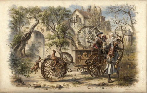 girl with a wheel,hunting scene,village scene,velocipede,horse-drawn vehicle,woman bicycle,straw carts,straw cart,horse-drawn carriage,peugeot,david bates,donkey cart,agricultural machine,the pied piper of hamelin,horse and cart,peddler,pilgrims,19th century,bicycle mechanic,constable,Game Scene Design,Game Scene Design,Renaissance