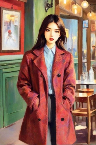 woman at cafe,oil painting on canvas,oil on canvas,the girl at the station,oil painting,joy,cigarette girl,winner joy,fashionable girl,girl with bread-and-butter,kimjongilia,coffee shop,red coat,paris cafe,girl in a historic way,watercolor cafe,retro girl,businesswoman,woman with ice-cream,painter doll