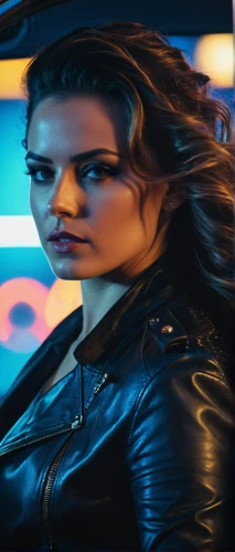 leather jacket,visual effect lighting,digital compositing,symetra,scene lighting,terminator,leather,portrait background,clary,leather texture,elle driver,automotive lighting,woman holding gun,black leather,neon lights,woman in the car,photographic background,policewoman,renegade,background images,Photography,General,Fantasy