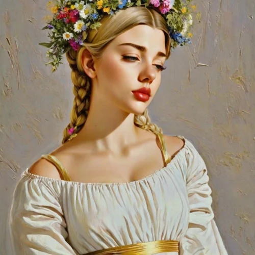 girl in a wreath,milkmaid,vintage woman,girl with bread-and-butter,girl in flowers,emile vernon,vintage girl,jessamine,vintage art,beautiful girl with flowers,young woman,girl picking flowers,wreath of flowers,flower crown,vintage female portrait,spring crown,beautiful bonnet,portrait of a girl,fantasy portrait,floral wreath