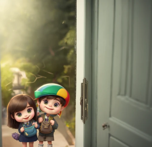girl and boy outdoor,vintage boy and girl,little boy and girl,neighbors,3d render,kids illustration,cute cartoon image,toy's story,toy story,3d fantasy,cute cartoon character,little people,adventure game,3d rendered,boy and girl,neighbourhood,delivery service,open door,digital compositing,tilt shift