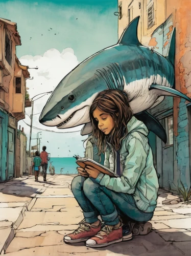 girl with a dolphin,sci fiction illustration,digital nomads,trainer with dolphin,girl with speech bubble,little girl reading,game illustration,road dolphin,book illustration,shark,little whale,a collection of short stories for children,camera illustration,requiem shark,exploration of the sea,blue whale,dolphin-afalina,reader project,kids illustration,marine reptile,Illustration,Realistic Fantasy,Realistic Fantasy 23