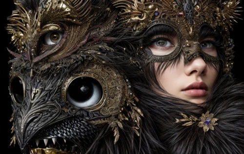 masquerade,venetian mask,the carnival of venice,gothic portrait,crow queen,masque,with the mask,mask,masks,fantasy portrait,queen cage,harpy,cuckoo clocks,beak black,marionette,corvidae,gothic fashion,queen of the night,bird bird-of-prey,cuckoo clock,Product Design,Fashion Design,Women's Wear,Theatrical Opulence