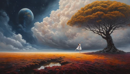 fantasy picture,surrealism,fantasy landscape,fantasy art,lunar landscape,girl with tree,surrealistic,mushroom landscape,lone tree,earth rise,tree thoughtless,volcanic landscape,dune landscape,isolated tree,the girl next to the tree,high landscape,parallel worlds,landscapes,bodhi tree,oil painting on canvas,Photography,General,Natural