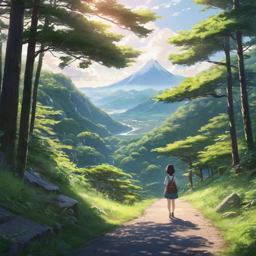 studio ghibli,forest road,forest path,forest walk,scenery,hiking path,landscape background,wander,trail,trails,mountain road,pathway,walk,summer day,forest,stroll,the path,high landscape,japan landscape,the scenery