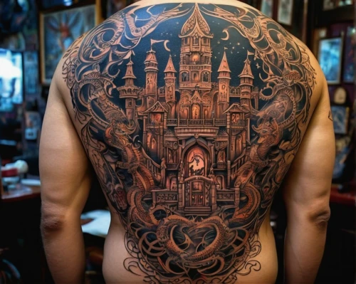 my back,basil's cathedral,tattoo,with tattoo,ribs back,saint basil's cathedral,outline,fairy tale castle,tattoo artist,fantasy city,back view,back side,sleeve,hogwarts,disney castle,back,castle,watertower,tattooed,fairytale castle,Illustration,Realistic Fantasy,Realistic Fantasy 02