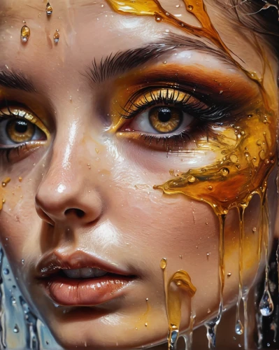 gold paint stroke,tears bronze,gold leaf,golden rain,painted lady,gold paint strokes,golden eyes,gold foil mermaid,fantasy art,oil painting on canvas,angel's tears,wet girl,water nymph,dripping,gold foil art,finch in liquid amber,oils,oil painting,water splashes,drenched,Illustration,Realistic Fantasy,Realistic Fantasy 10