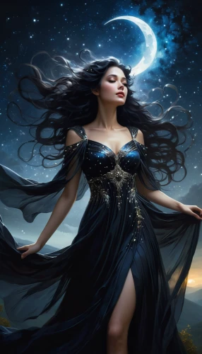queen of the night,fantasy picture,lady of the night,fantasy art,sorceress,blue enchantress,the enchantress,moonlit night,light of night,fantasy woman,fantasy portrait,faerie,moonlit,moon phase,mystical portrait of a girl,the night of kupala,moonbeam,fairy queen,celestial body,celtic woman,Conceptual Art,Fantasy,Fantasy 11