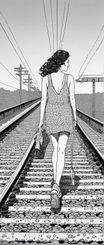 the girl at the station,girl walking away,travel woman,last train,book illustration,mono-line line art,crossing,railway line,railroad,woman walking,a pedestrian,railtrack,mono line art,camera illustration,train of thought,animated cartoon,passepartout,railway,depressed woman,comic halftone woman,Illustration,Black and White,Black and White 16