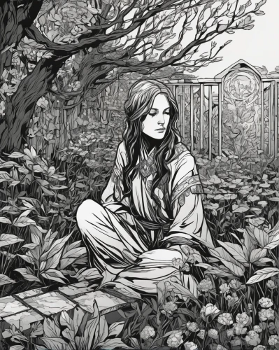 girl in the garden,wisteria,girl lying on the grass,background ivy,the girl next to the tree,in the garden,girl with tree,gardening,jessamine,secret garden of venus,clove garden,hand-drawn illustration,mono line art,girl sitting,tilia,chidori is the cherry blossoms,dryad,shirakami-sanchi,digital illustration,fallen petals,Illustration,Black and White,Black and White 12