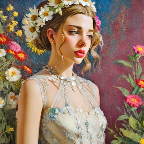 girl in flowers,girl in a wreath,beautiful girl with flowers,boho art,flower girl,vintage floral,fantasy portrait,flower fairy,oil painting on canvas,flower painting,wreath of flowers,flower crown,marguerite,flower hat,oil painting,spring crown,blooming wreath,flower art,floral,vintage flowers