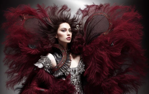 the fur red,feather boa,gothic fashion,burlesque,queen of hearts,dark red,queen cage,cruella de ville,lady in red,neo-burlesque,costume design,fur clothing,feather headdress,showgirl,scarlet witch,red coat,crimson,masquerade,the carnival of venice,fur,Product Design,Fashion Design,Women's Wear,Theatrical Opulence