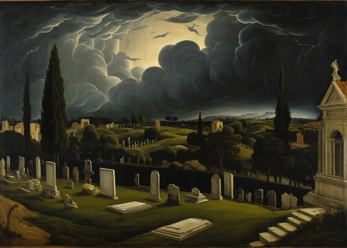 necropolis,burial ground,night scene,graveyard,david bates,tombstones,sepulchre,cemetary,old graveyard,mortuary temple,cemetery,grant wood,haunted cathedral,magnolia cemetery,gravestones,forest cemetery,church painting,hollywood cemetery,dark clouds,orlovsky,Art,Classical Oil Painting,Classical Oil Painting 43