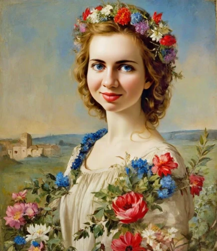 girl in flowers,beautiful girl with flowers,girl in a wreath,girl picking flowers,romantic portrait,vintage female portrait,portrait of a girl,wreath of flowers,emile vernon,with a bouquet of flowers,holding flowers,girl in the garden,young woman,flora,lyzz flowers,marguerite,floral wreath,flower girl,vintage flowers,floral garland
