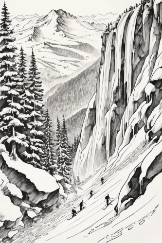 ski touring,salt meadow landscape,cross-country skiing,cool woodblock images,alpine route,snow drawing,alpine skiing,winter landscape,ski cross,backcountry skiiing,skiers,mountain scene,ski mountaineering,telemark skiing,mountain pass,mountain ranges,snowy peaks,snow mountains,mountains snow,snow landscape,Illustration,Black and White,Black and White 34