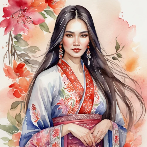 hanbok,oriental princess,chinese art,jasmine blossom,mulan,oriental girl,asian woman,ao dai,kimono,spring festival,oriental painting,rose flower illustration,vietnamese woman,flower painting,plum blossoms,wuchang,beautiful girl with flowers,geisha,yi sun sin,plum blossom,Illustration,Paper based,Paper Based 24