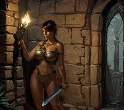 female warrior,dark elf,swordswoman,fantasy woman,sorceress,fantasy warrior,fantasy art,fantasy portrait,warrior woman,heroic fantasy,cave girl,the enchantress,blacksmith,paladin,fantasy picture,torch-bearer,lara,scabbard,quarterstaff,breastplate,Game Scene Design,Game Scene Design,Comic Style