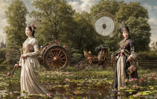 mirror in the meadow,fantasy picture,digital compositing,photomanipulation,vintage fairies,photo manipulation,way of the roses,photoshop manipulation,cinderella,garden statues,fairies,flower garden,two girls,rococo,harp with flowers,jane austen,image manipulation,florists,antique background,the order of the fields,Game Scene Design,Game Scene Design,Japanese Steampunk