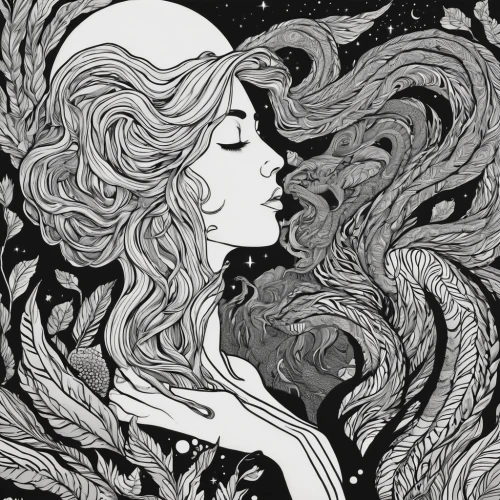 dryad,andromeda,siren,art nouveau design,gold foil mermaid,the enchantress,rusalka,art nouveau,hand-drawn illustration,mucha,rapunzel,virgo,art deco woman,the wind from the sea,mermaid silhouette,mermaid vectors,fantasy woman,aphrodite,the zodiac sign pisces,the snow queen,Illustration,Black and White,Black and White 18