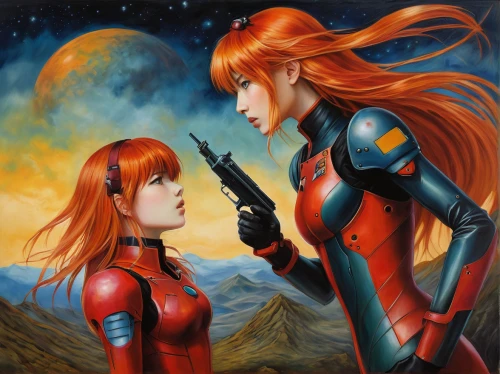 asuka langley soryu,sci fiction illustration,andromeda,two-point-ladybug,sci fi,redheads,dispute,evangelion,firestar,sci - fi,sci-fi,gemini,valerian,shepard,scifi,binary system,starfire,science fiction,confrontation,fantasy picture,Illustration,Realistic Fantasy,Realistic Fantasy 34