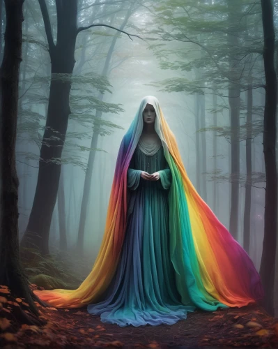 cloak,mystical portrait of a girl,spectral colors,fantasy picture,the enchantress,dead bride,veil,priestess,sorceress,rusalka,dance of death,fallen colorful,fairy queen,fantasy art,faerie,girl in a long dress,the angel with the veronica veil,faery,the prophet mary,dryad,Illustration,Abstract Fantasy,Abstract Fantasy 02