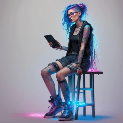 cyberpunk,cyber glasses,sci fiction illustration,girl at the computer,punk,callisto,librarian,punk design,girl studying,neon human resources,sitting on a chair,bookworm,neon light,streampunk,cyber,reading glasses,e-reader,neon lights,night administrator,ereader,Illustration,Paper based,Paper Based 23