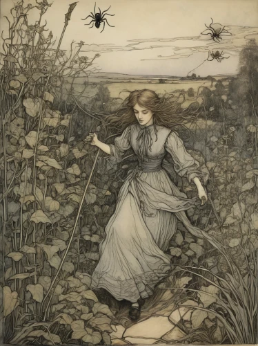 arthur rackham,kate greenaway,widow spider,harvestmen,harvestman,dance of death,fairies aloft,woman of straw,net-winged insects,sunflowers and locusts are together,pennyroyal,perennial sowthistle,lyme disease,faery,picking vegetables in early spring,girl in the garden,vintage illustration,native sowthistle,mayflies,charlotte cushman,Illustration,Retro,Retro 25