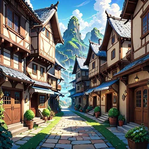 alpine village,mountain village,mountain settlement,knight village,aurora village,meteora,wooden houses,escher village,medieval street,medieval town,fantasy landscape,spa town,beautiful buildings,roof landscape,half-timbered houses,villages,mountain world,old town,japanese alps,ancient city,Anime,Anime,General