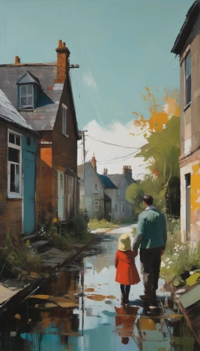 puddle,autumn chores,autumn idyll,village life,one autumn afternoon,puddles,cottages,autumn sunshine,home landscape,autumn landscape,late afternoon,autumn light,painting work,early evening,autumn colouring,autumn morning,row of houses,oil paint,autumn walk,autumn day,Conceptual Art,Oil color,Oil Color 01