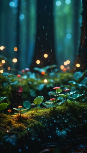 mushroom landscape,forest floor,fairy forest,fireflies,waterdrops,raindrops,tiny world,dewdrops,bokeh lights,bokeh effect,frog background,rainwater drops,droplets,background bokeh,bokeh,dew drops,water drops,rain forest,raindrop,fairy world,Photography,General,Fantasy