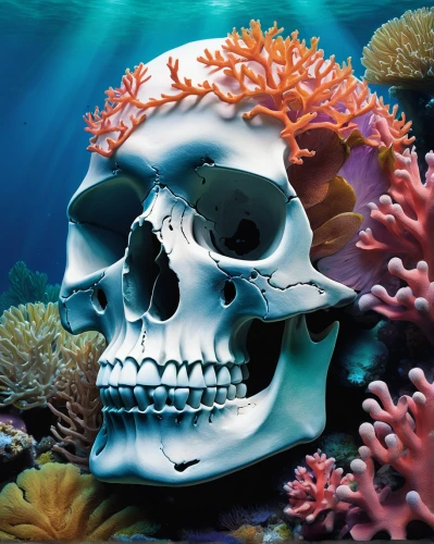 coral reef,underwater background,coral reefs,aquarium decor,sea life underwater,underwater world,scull,reef tank,marine biology,marine life,ocean pollution,coral reef fish,underwater landscape,sea-life,marine tank,coral fish,scuba,skull bones,aquatic life,undersea,Conceptual Art,Oil color,Oil Color 17