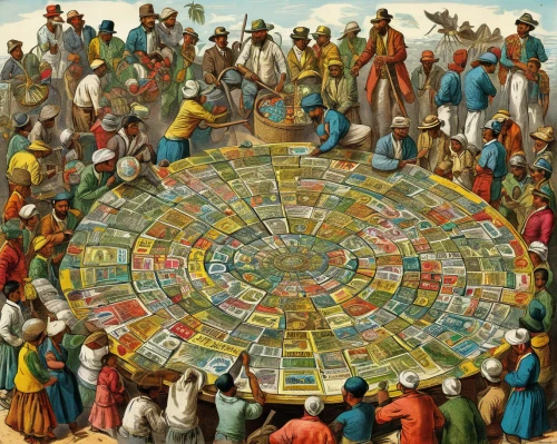 settlers of catan,prize wheel,board game,large market,parcheesi,christmas circle,harmonia macrocosmica,colour wheel,the market,round table,mesoamerican ballgame,circle of friends,tabletop game,cheese wheel,ball fortune tellers,spread of education,circle of confusion,roulette,market trade,planisphere,Illustration,Retro,Retro 24