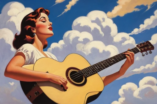 woman playing,acoustic-electric guitar,guitar,classical guitar,acoustic guitar,guitar player,concert guitar,mandolin,ukulele,serenade,charango,jazz guitarist,playing the guitar,cavaquinho,vintage art,the guitar,banjo player,slide guitar,gibson,bouzouki,Illustration,American Style,American Style 05