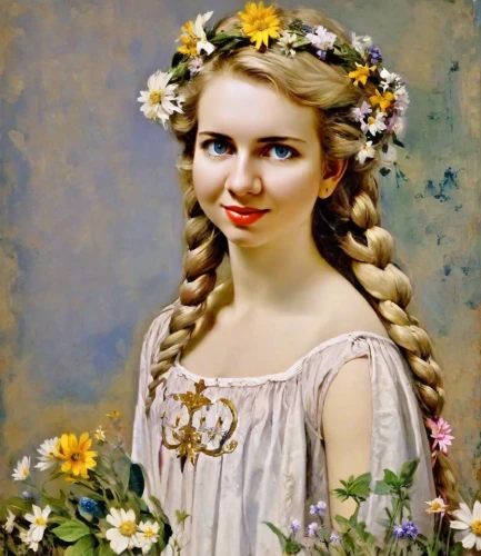 girl in flowers,girl in a wreath,beautiful girl with flowers,vintage female portrait,girl picking flowers,flower garland,portrait of a girl,young girl,emile vernon,floral garland,jessamine,wreath of flowers,marguerite,floral wreath,young woman,vintage flowers,flower crown,girl in the garden,flower girl,vintage girl