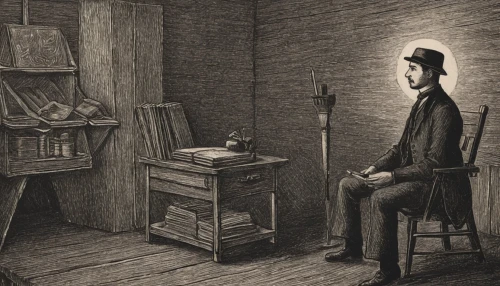 grant wood,man with a computer,self-portrait,consulting room,hans christian andersen,book illustration,vintage drawing,watchmaker,vincent van gough,vincent van gogh,barebone computer,theoretician physician,abraham lincoln,hand-drawn illustration,silent screen,clockmaker,a dark room,sci fiction illustration,game drawing,candlemaker,Illustration,Black and White,Black and White 23