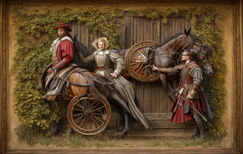 wooden carriage,horse-drawn carriage,carriage,tapestry,horsemen,andalusians,stagecoach,horse-drawn,equestrian,antique background,horse carriage,musketeers,carriages,cart of apples,four poster,man and horses,frame border illustration,stable animals,travelers,framed,Game Scene Design,Game Scene Design,Renaissance