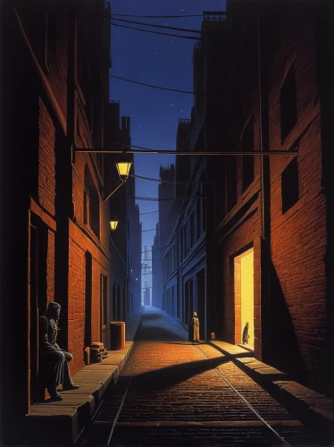alleyway,alley,old linden alley,blind alley,alley cat,narrow street,laneway,night scene,street lights,streetcar,streetlight,the cobbled streets,one-way street,thoroughfare,vanishing point,rescue alley,nocturnes,street lamps,evening atmosphere,red bricks,Conceptual Art,Sci-Fi,Sci-Fi 15