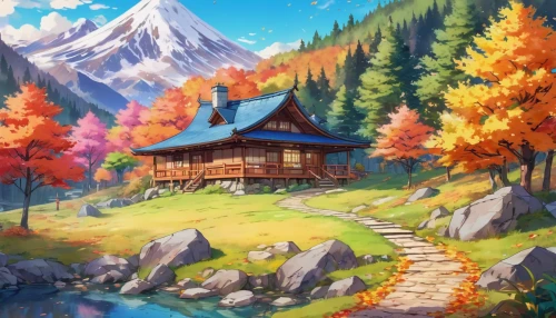 autumn background,autumn mountains,autumn camper,autumn landscape,house in mountains,autumn scenery,fall landscape,house in the mountains,landscape background,autumn theme,autumn idyll,mountain scene,the cabin in the mountains,autumn day,home landscape,mountain landscape,autumn frame,autumn forest,house in the forest,alpine village,Illustration,Japanese style,Japanese Style 03