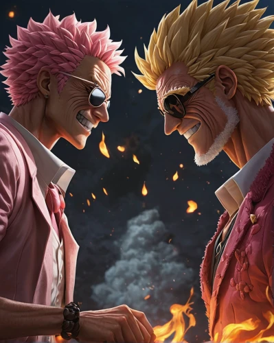 pink double,confrontation,father-son,pink quill,father and son,cg artwork,dragon slayers,spark fire,katakuri,father son,kings,brotherhood,hand in hand,pink family,arm wrestling,gods,dragon slayer,fighters,duel,explosion,Illustration,Realistic Fantasy,Realistic Fantasy 44